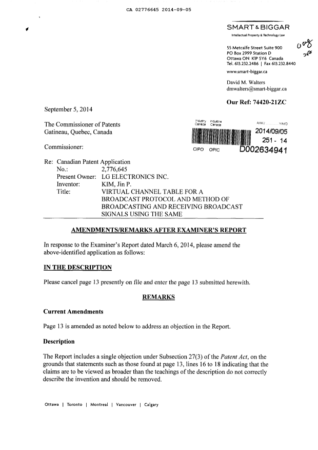Canadian Patent Document 2776645. Prosecution-Amendment 20131205. Image 1 of 4