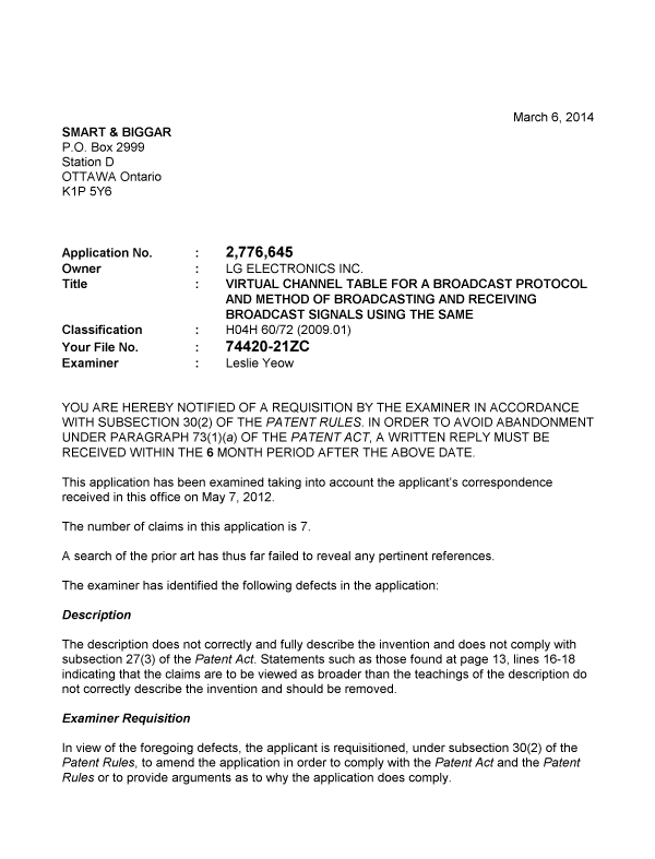 Canadian Patent Document 2776645. Prosecution-Amendment 20131206. Image 1 of 2