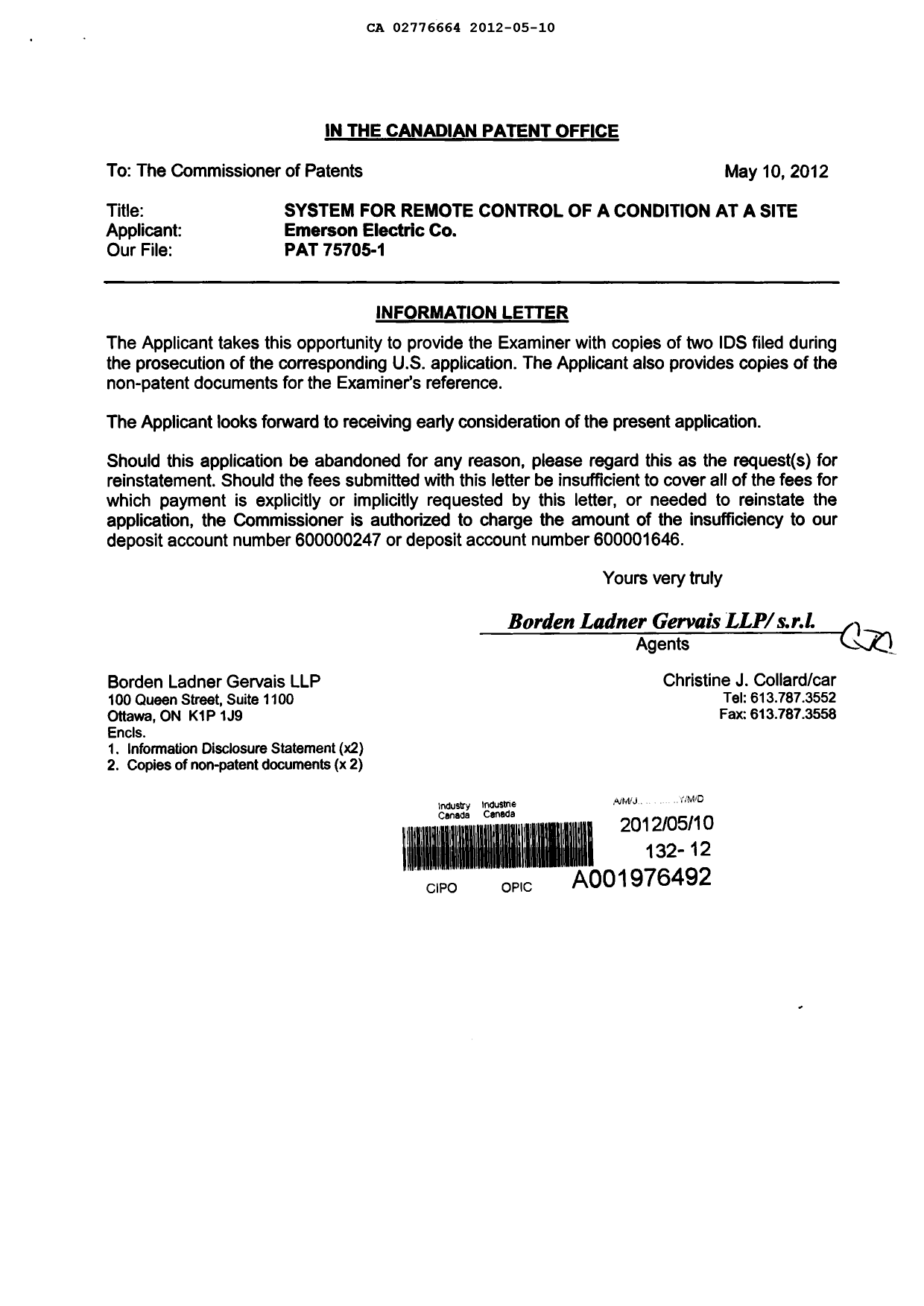 Canadian Patent Document 2776664. Prosecution-Amendment 20111210. Image 1 of 1