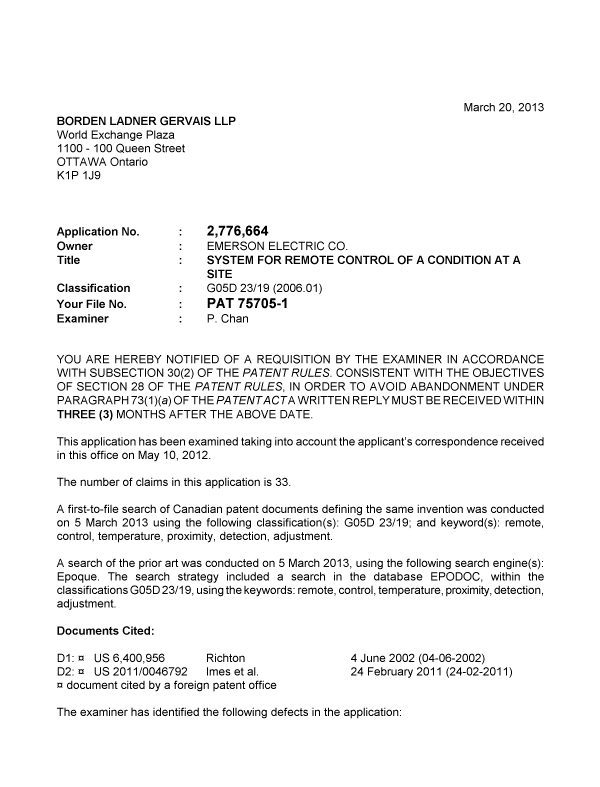Canadian Patent Document 2776664. Prosecution-Amendment 20121220. Image 1 of 7