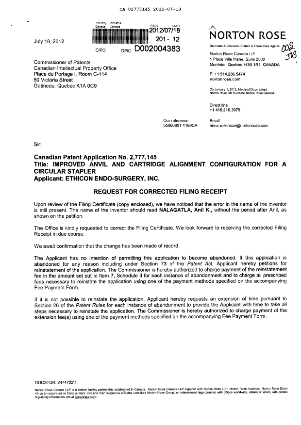 Canadian Patent Document 2777145. Correspondence 20120718. Image 1 of 4