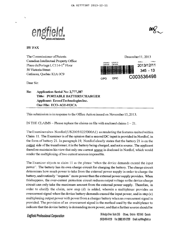 Canadian Patent Document 2777387. Prosecution-Amendment 20121211. Image 1 of 6