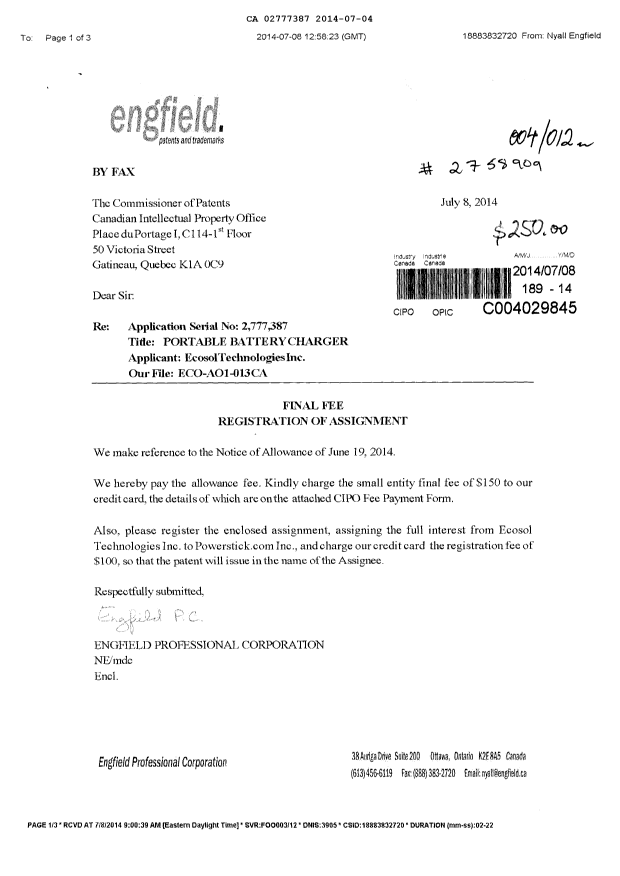 Canadian Patent Document 2777387. Correspondence 20131204. Image 1 of 1