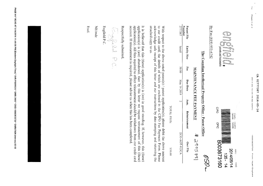 Document de brevet canadien 2777387. Taxes 20131214. Image 1 de 1