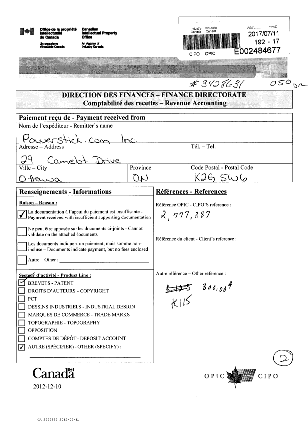 Document de brevet canadien 2777387. Taxes 20161211. Image 1 de 2