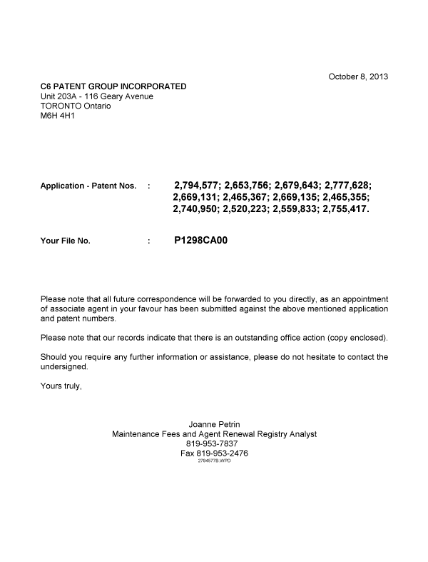 Document de brevet canadien 2777628. Correspondance 20131008. Image 1 de 1