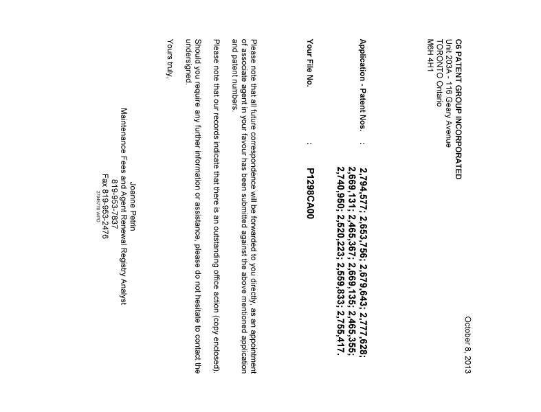 Document de brevet canadien 2777628. Correspondance 20131008. Image 1 de 1