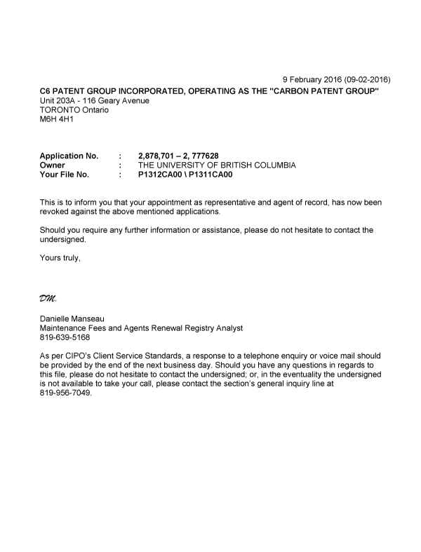Canadian Patent Document 2777628. Office Letter 20160209. Image 1 of 1