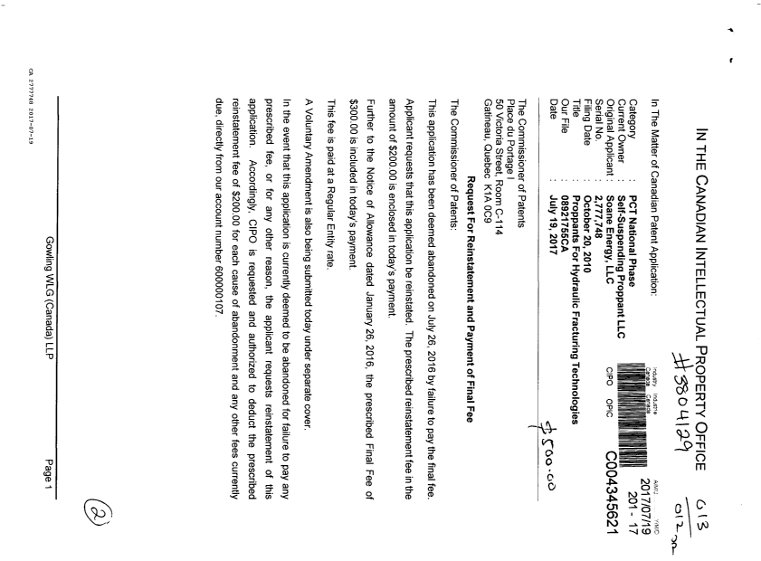Document de brevet canadien 2777748. Correspondance 20161219. Image 1 de 2