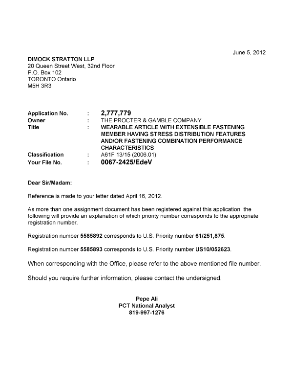 Document de brevet canadien 2777779. Correspondance 20120605. Image 1 de 1