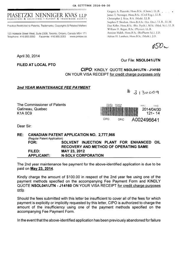 Canadian Patent Document 2777966. Fees 20140430. Image 1 of 2