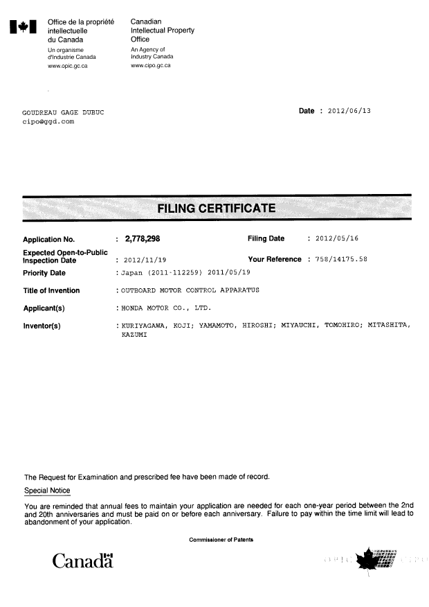 Document de brevet canadien 2778298. Correspondance 20120613. Image 1 de 1