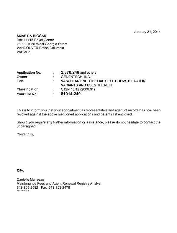 Document de brevet canadien 2778442. Correspondance 20140121. Image 1 de 2