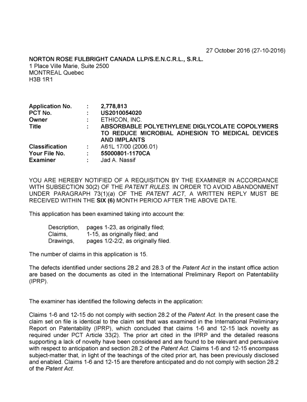 Canadian Patent Document 2778813. Examiner Requisition 20161027. Image 1 of 4