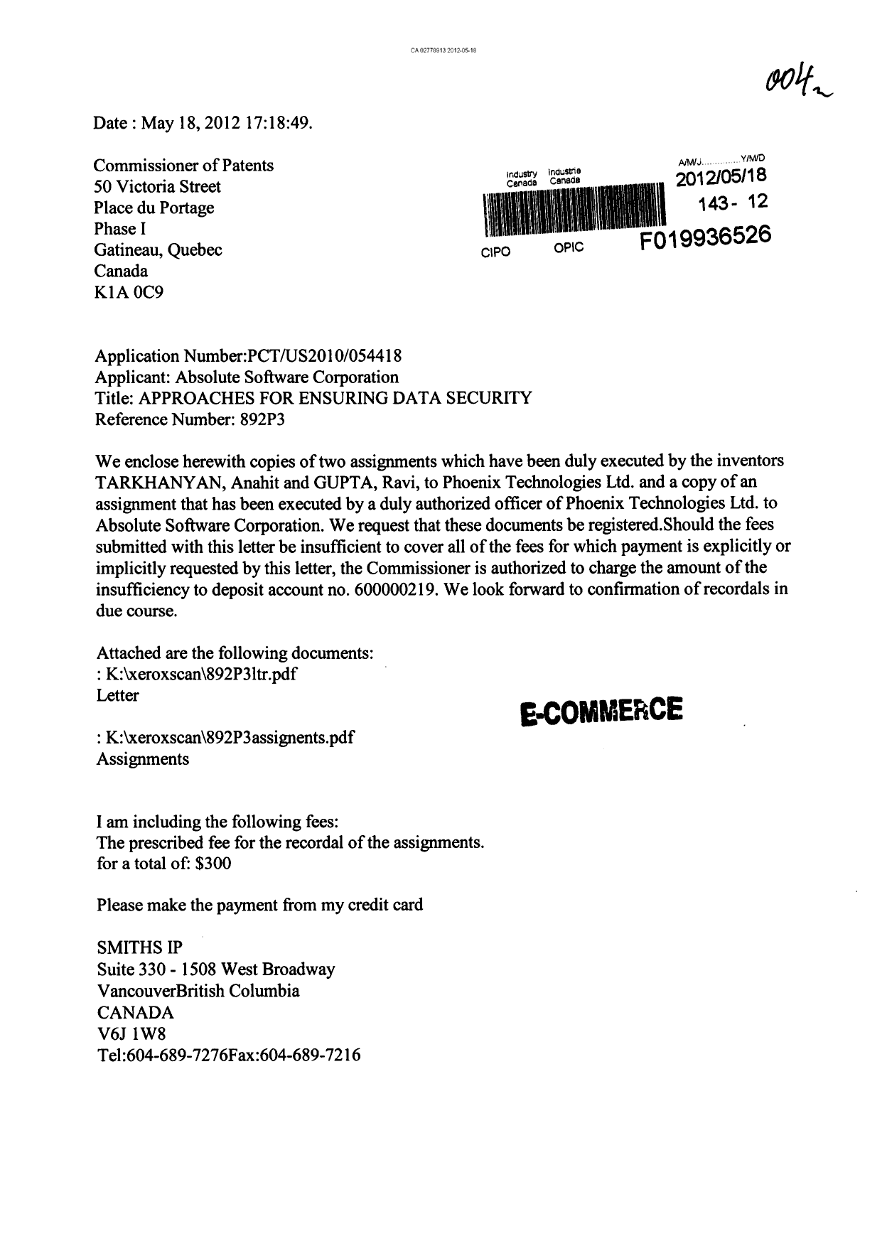 Document de brevet canadien 2778913. Cession 20111218. Image 1 de 17