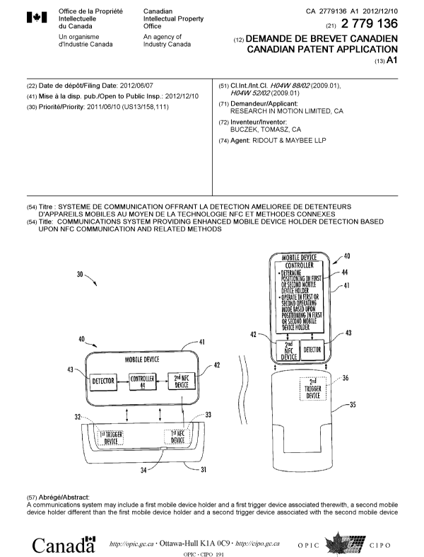 Document de brevet canadien 2779136. Page couverture 20121122. Image 1 de 2