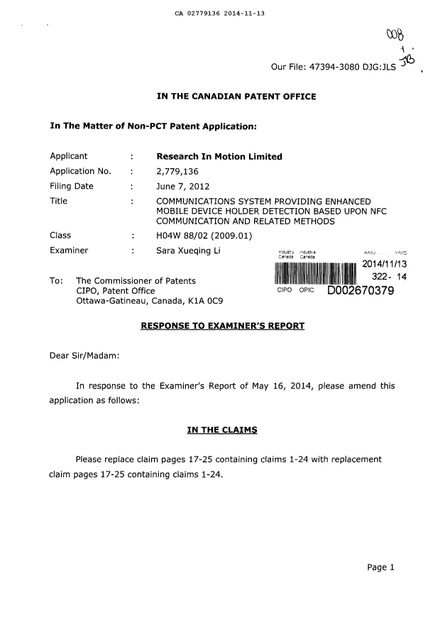 Document de brevet canadien 2779136. Poursuite-Amendment 20141113. Image 1 de 16