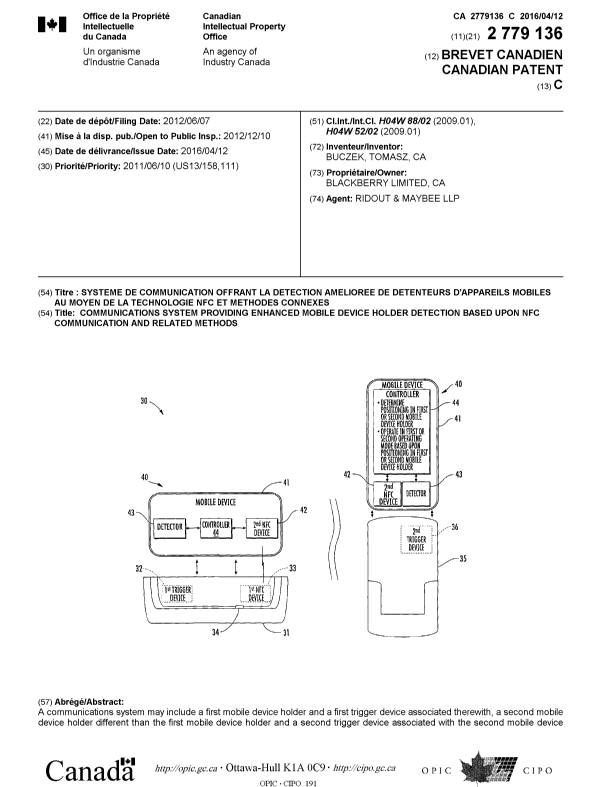 Canadian Patent Document 2779136. Cover Page 20160224. Image 1 of 2
