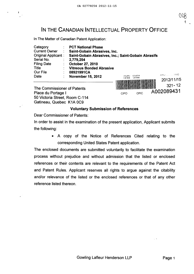 Document de brevet canadien 2779254. Poursuite-Amendment 20121115. Image 1 de 2