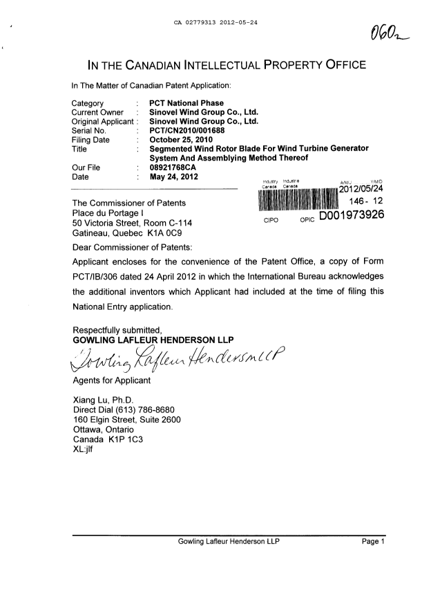 Document de brevet canadien 2779313. Correspondance 20111224. Image 1 de 2