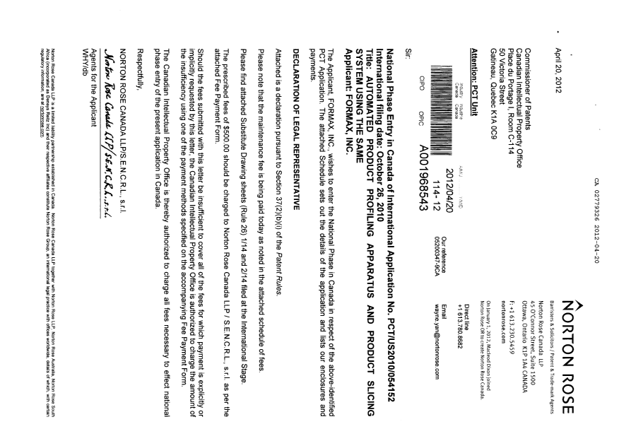Canadian Patent Document 2779326. Assignment 20120420. Image 1 of 4