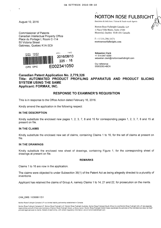 Document de brevet canadien 2779326. Modification 20160810. Image 1 de 15