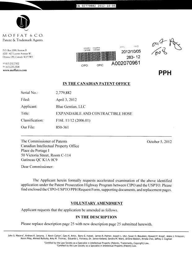 Canadian Patent Document 2779882. Prosecution-Amendment 20111205. Image 1 of 23