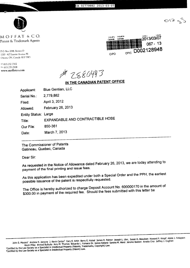 Document de brevet canadien 2779882. Correspondance 20130307. Image 1 de 2