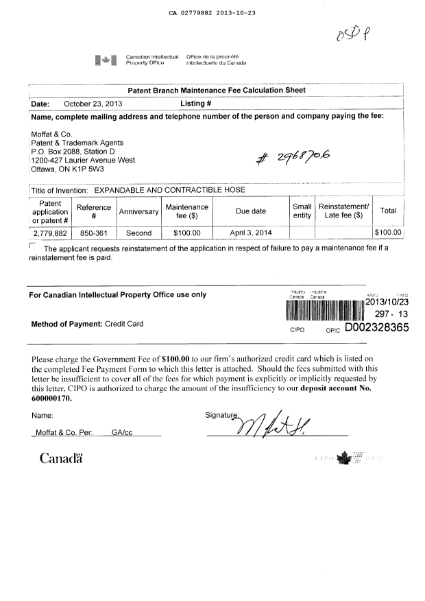 Document de brevet canadien 2779882. Taxes 20131023. Image 1 de 1