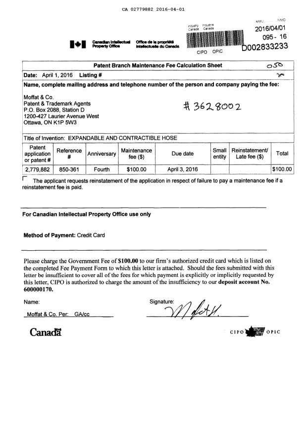 Canadian Patent Document 2779882. Maintenance Fee Payment 20160401. Image 1 of 1