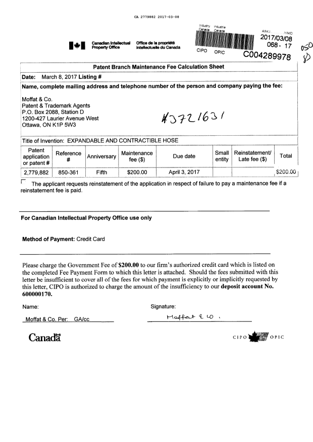 Canadian Patent Document 2779882. Fees 20161208. Image 1 of 1