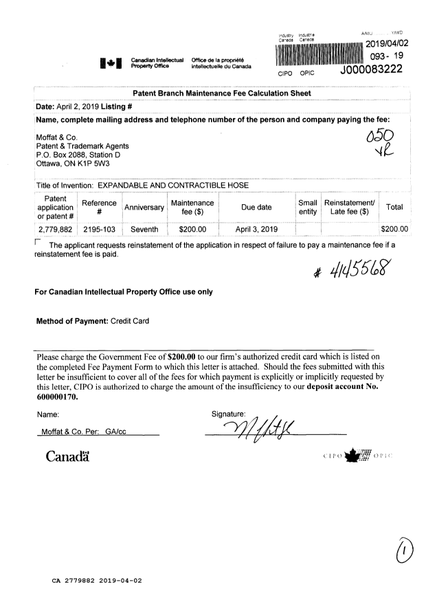 Canadian Patent Document 2779882. Fees 20181202. Image 1 of 1