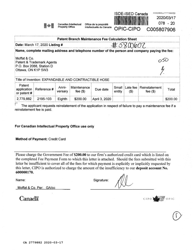Canadian Patent Document 2779882. Maintenance Fee Payment 20200317. Image 1 of 1
