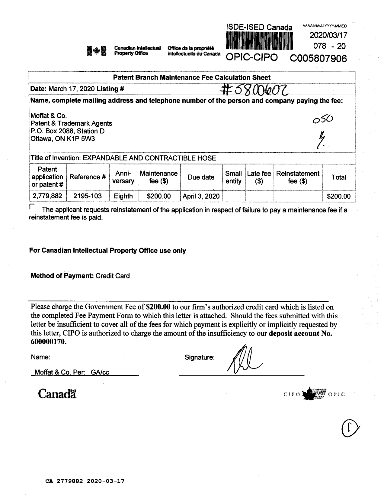 Canadian Patent Document 2779882. Maintenance Fee Payment 20200317. Image 1 of 1