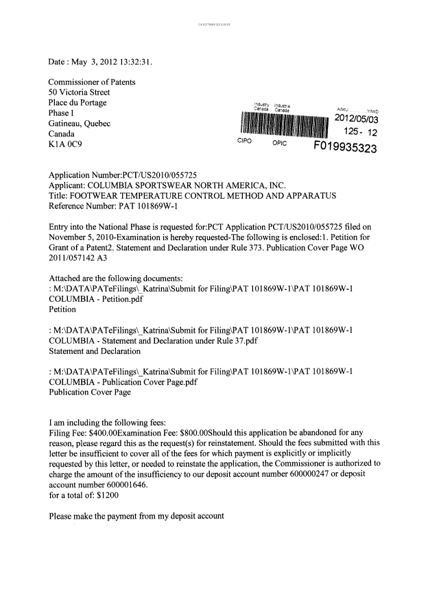 Document de brevet canadien 2779900. Cession 20120503. Image 1 de 8