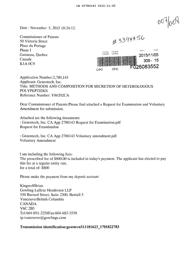 Document de brevet canadien 2780143. Modification 20151105. Image 1 de 10