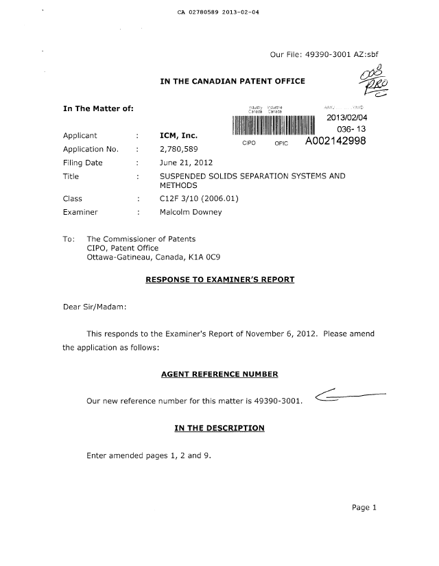 Canadian Patent Document 2780589. Prosecution Correspondence 20130204. Image 1 of 24