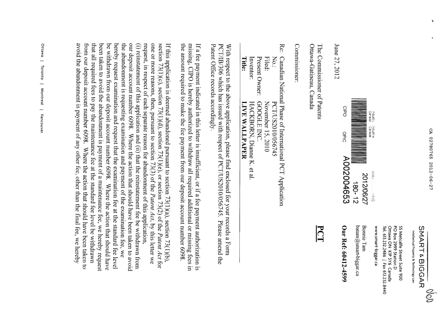 Canadian Patent Document 2780765. Correspondence 20120627. Image 1 of 3