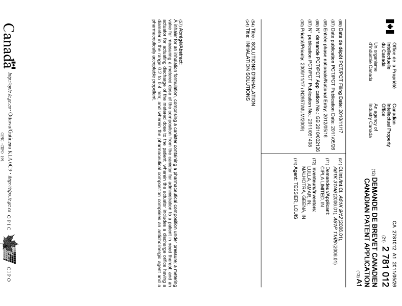 Document de brevet canadien 2781012. Page couverture 20120730. Image 1 de 1