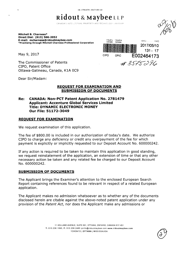 Canadian Patent Document 2781479. Request for Examination 20170510. Image 1 of 2