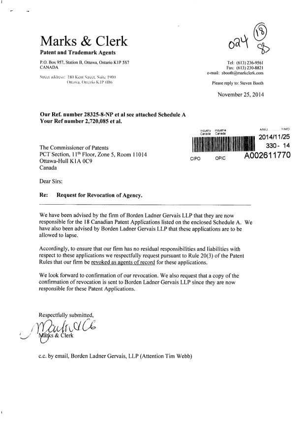 Document de brevet canadien 2781510. Correspondance 20141125. Image 1 de 3