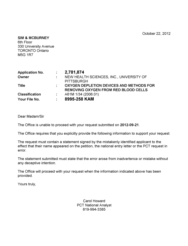 Canadian Patent Document 2781874. Correspondence 20121022. Image 1 of 1