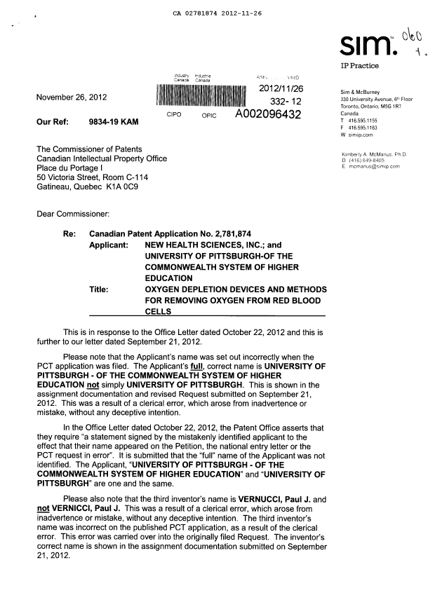 Canadian Patent Document 2781874. Correspondence 20121126. Image 1 of 2
