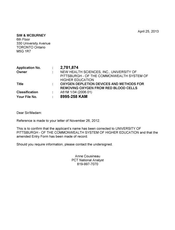 Canadian Patent Document 2781874. Correspondence 20130425. Image 1 of 1