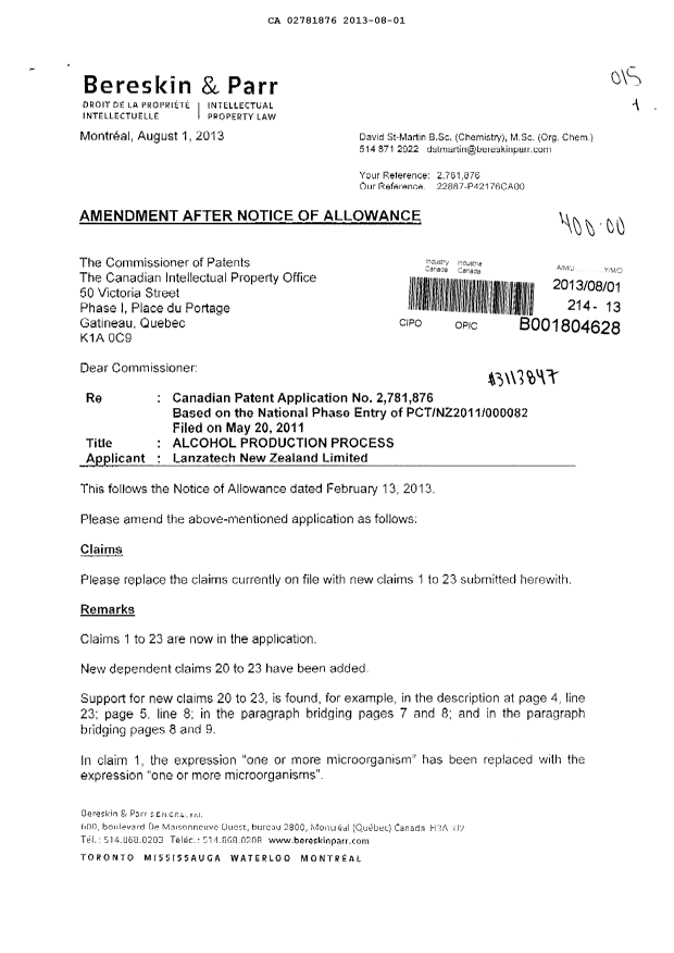 Document de brevet canadien 2781876. Poursuite-Amendment 20121201. Image 1 de 5