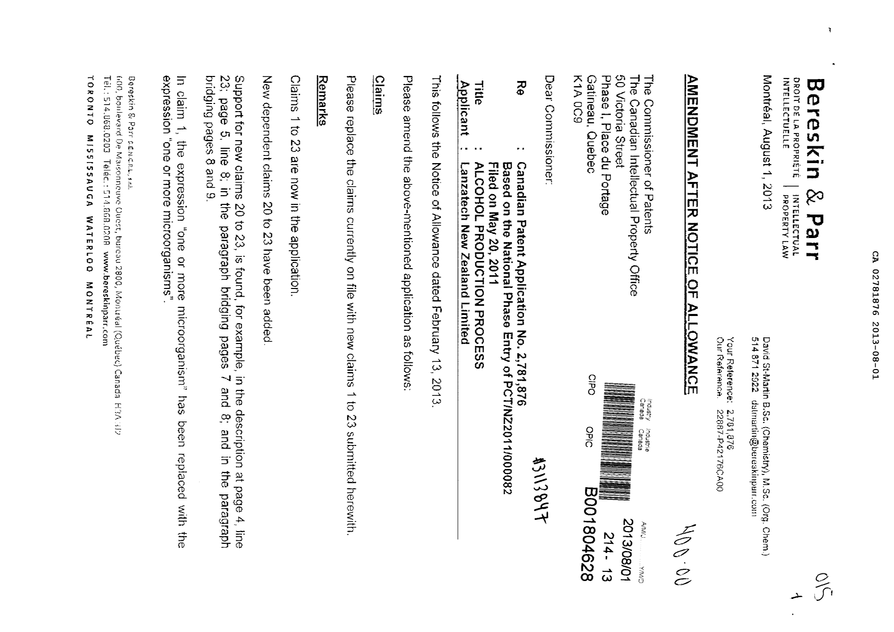 Document de brevet canadien 2781876. Poursuite-Amendment 20121201. Image 1 de 5