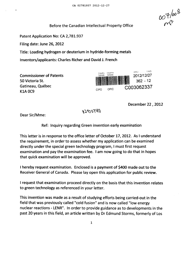 Document de brevet canadien 2781937. Poursuite-Amendment 20111227. Image 1 de 5