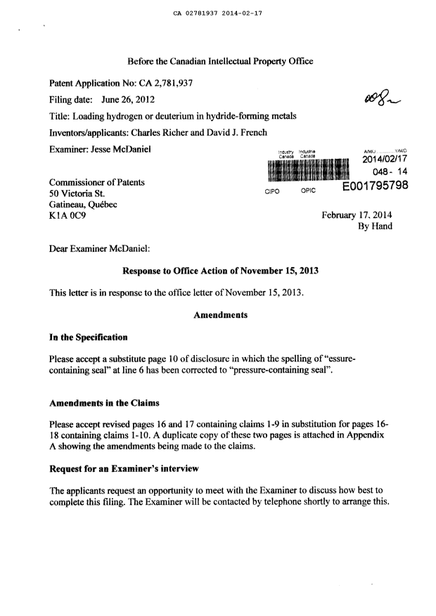 Document de brevet canadien 2781937. Poursuite-Amendment 20131217. Image 1 de 9