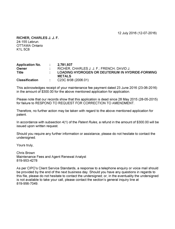 Document de brevet canadien 2781937. Correspondance 20151212. Image 1 de 1