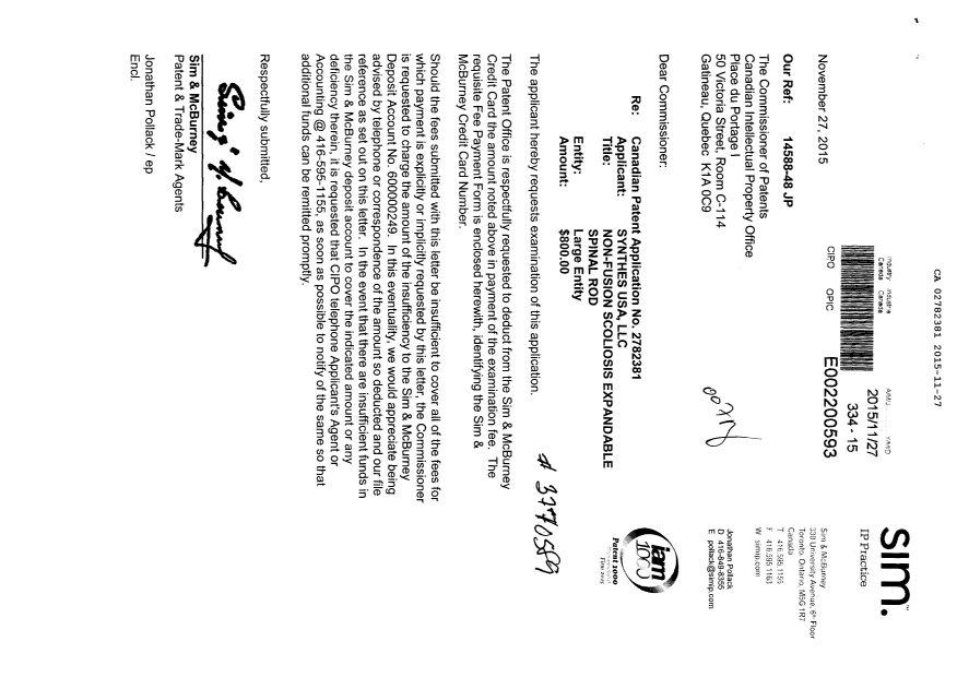 Document de brevet canadien 2782381. Requête d'examen 20151127. Image 1 de 1